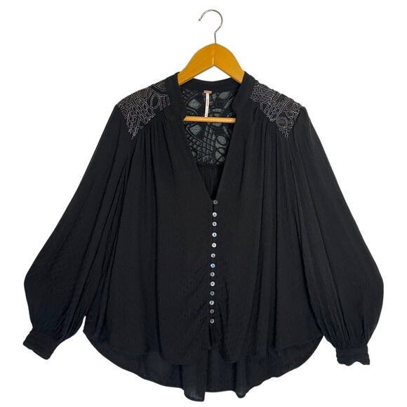Free People Women's Canyon Rose Button Down Top Size S Black Boho Embroidered - Picture 2 of 10